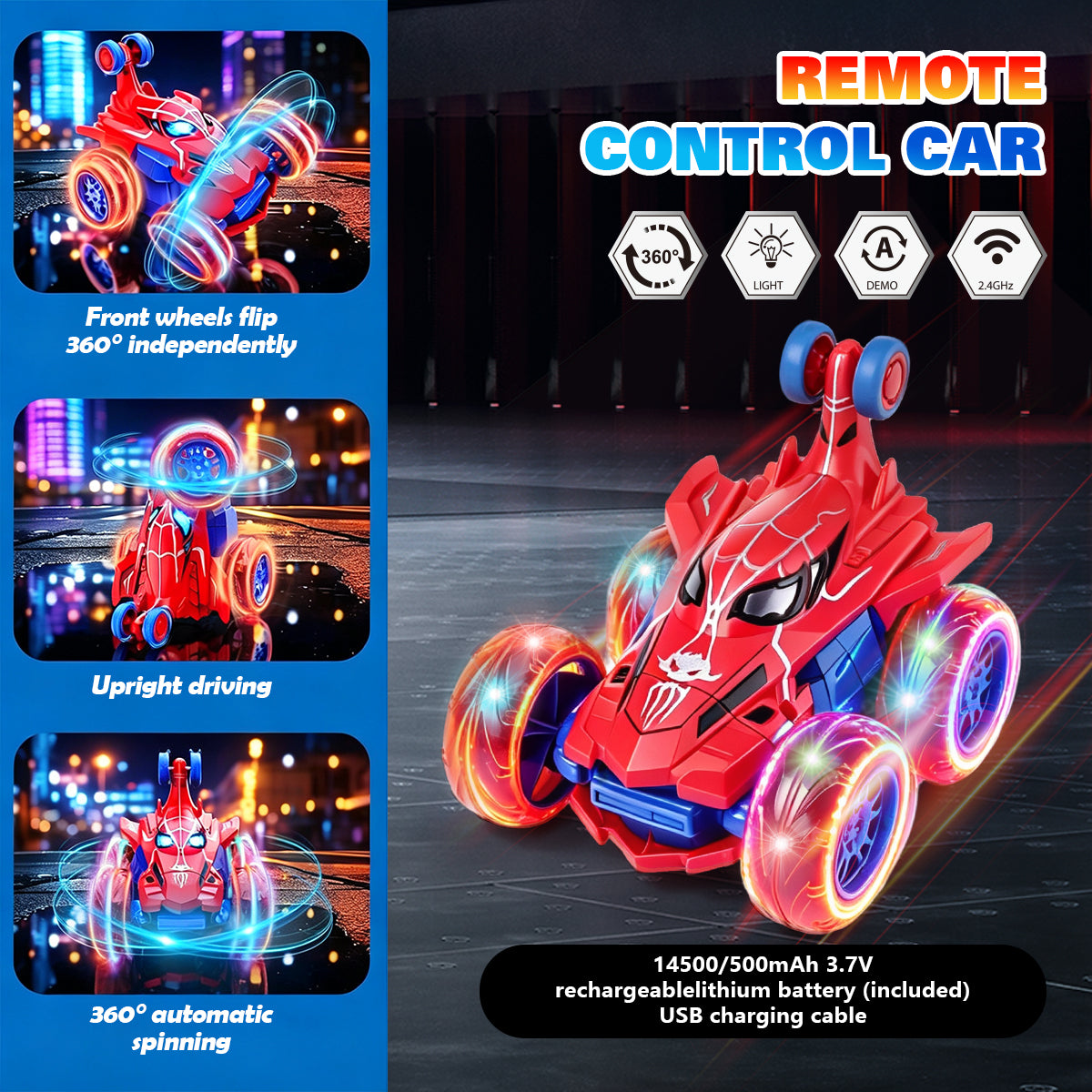 Jouet Voiture RC Spider, Voiture Télécommandée de Cascade 4WD Rechargeable Cool avec Des Loopings à 360° et Lumières Brillantes, Cadeau Jouet d'Extérieur Amusant pour Enfants de 4 à 12 Ans, Idéal pour Anniversaire ou Noël