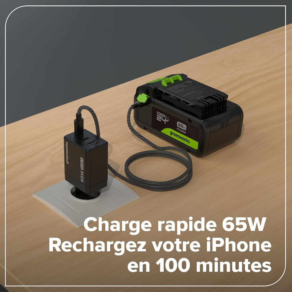 Greenworks Kit de Démarrage 24 V 1x Batterie USB HP 4 Ah + Chargeur 65 W + Câble 100 W 1 m