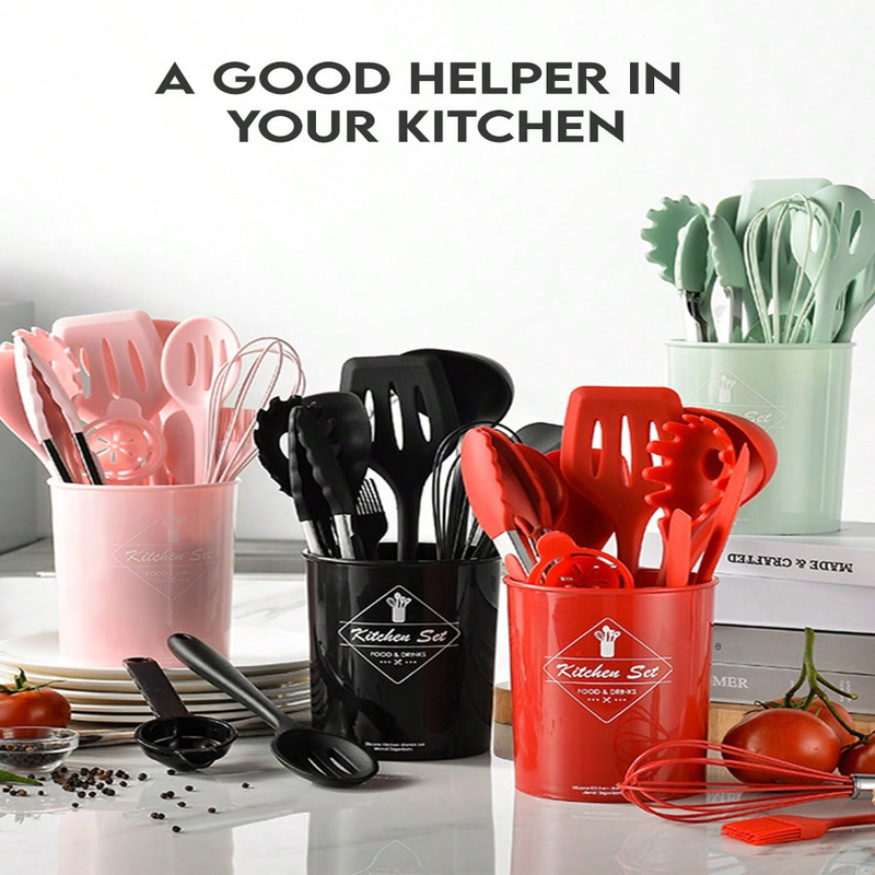 MEOKY Ensemble de 12 ustensiles de cuisine en silicone avec petit porte-objets - Noir