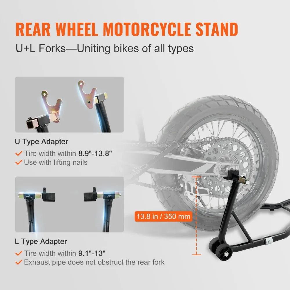 VEVOR Kit de Support de Piste pour Moto, Capacité de Charge de 386 kg, Support de Levage pour Roues Avant et Arrière avec Fourche L, Fourche U et Adaptateurs à Double Fourche