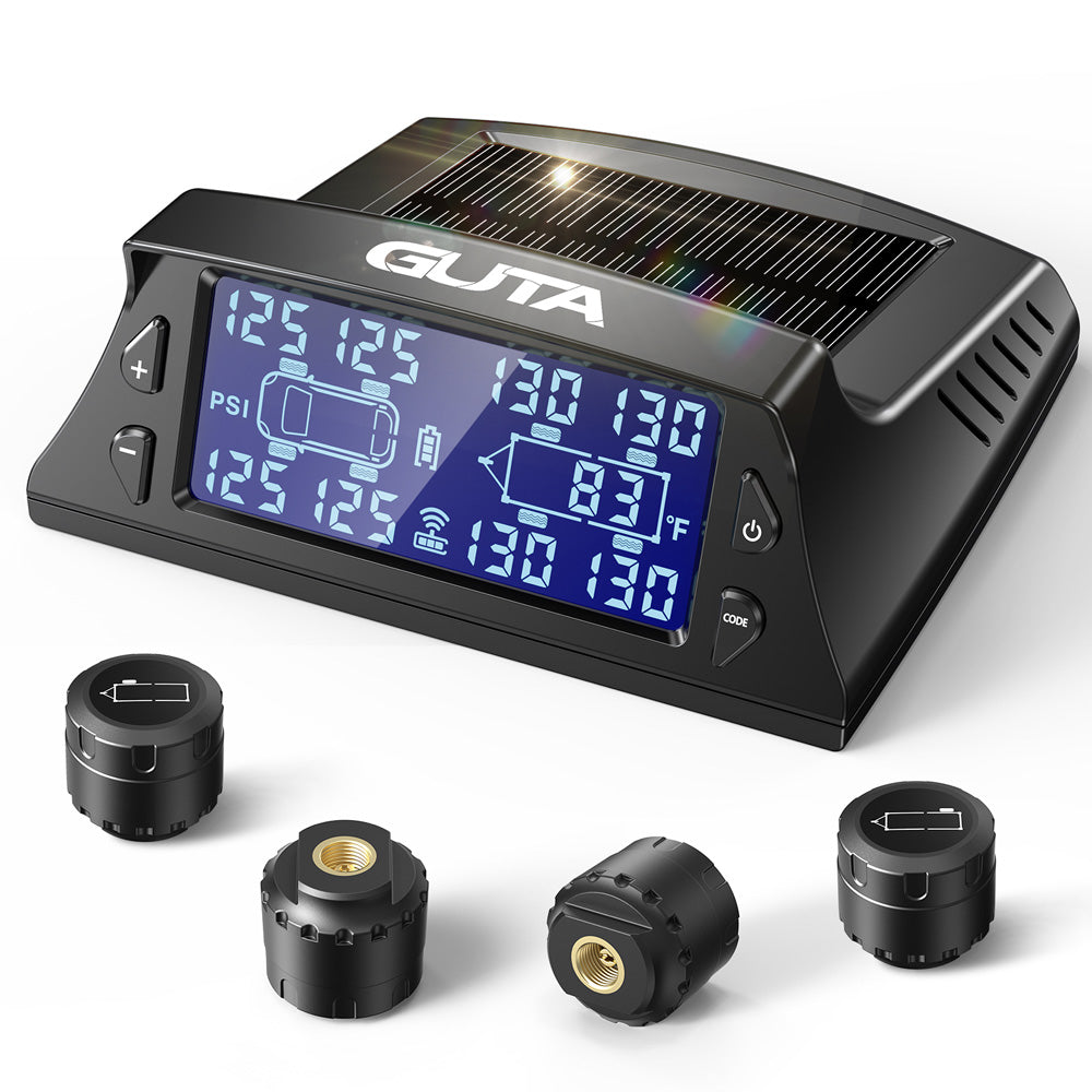 GUTA GT40+4GS02 Système de surveillance de la pression des pneus pour camping-cars/remorques avec 4 capteurs, TPMS de 0 à 188 PSI, chargement solaire, 6 modes d'alarme