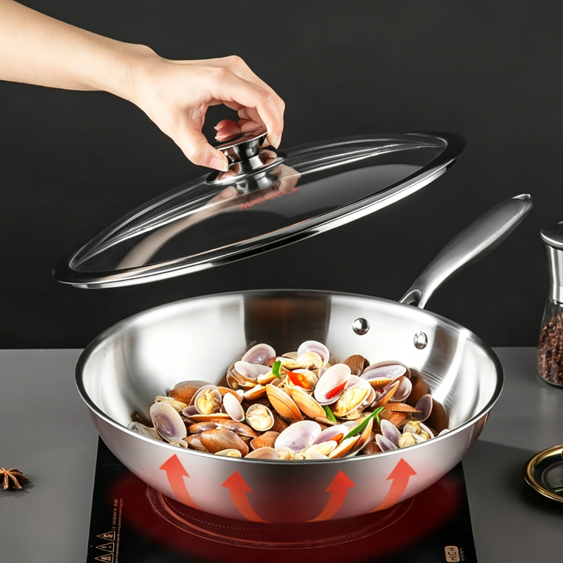 Maxcook Poêle wok tri-ply en acier inoxydable 304, 28 cm, ustensile de cuisson en acier inoxydable à 3 couches avec couvercle en verre pour la cuisine quotidienne MCC7911