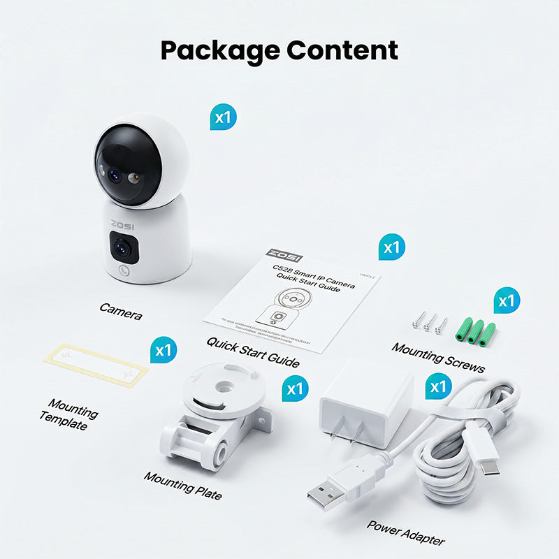 ZOSI Caméra de surveillance Wi‑Fi 2-en-1 pour l’intérieur, 2 MP (objectif) + 2 MP (objectif), vues à 360° avec double objectif, panoramique/inclinable, surveillance domestique