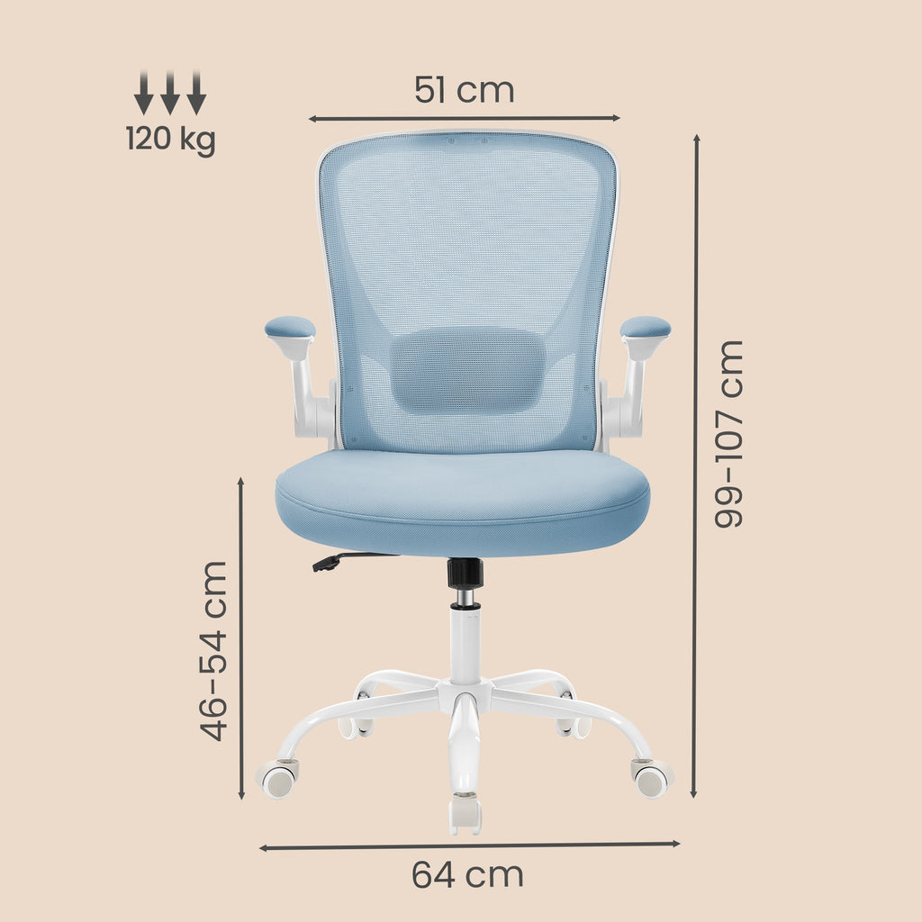 JOYFURNOS Chaise de bureau en maille, Chaise pivotante ergonomique, Accoudoirs rabattables, Bleu