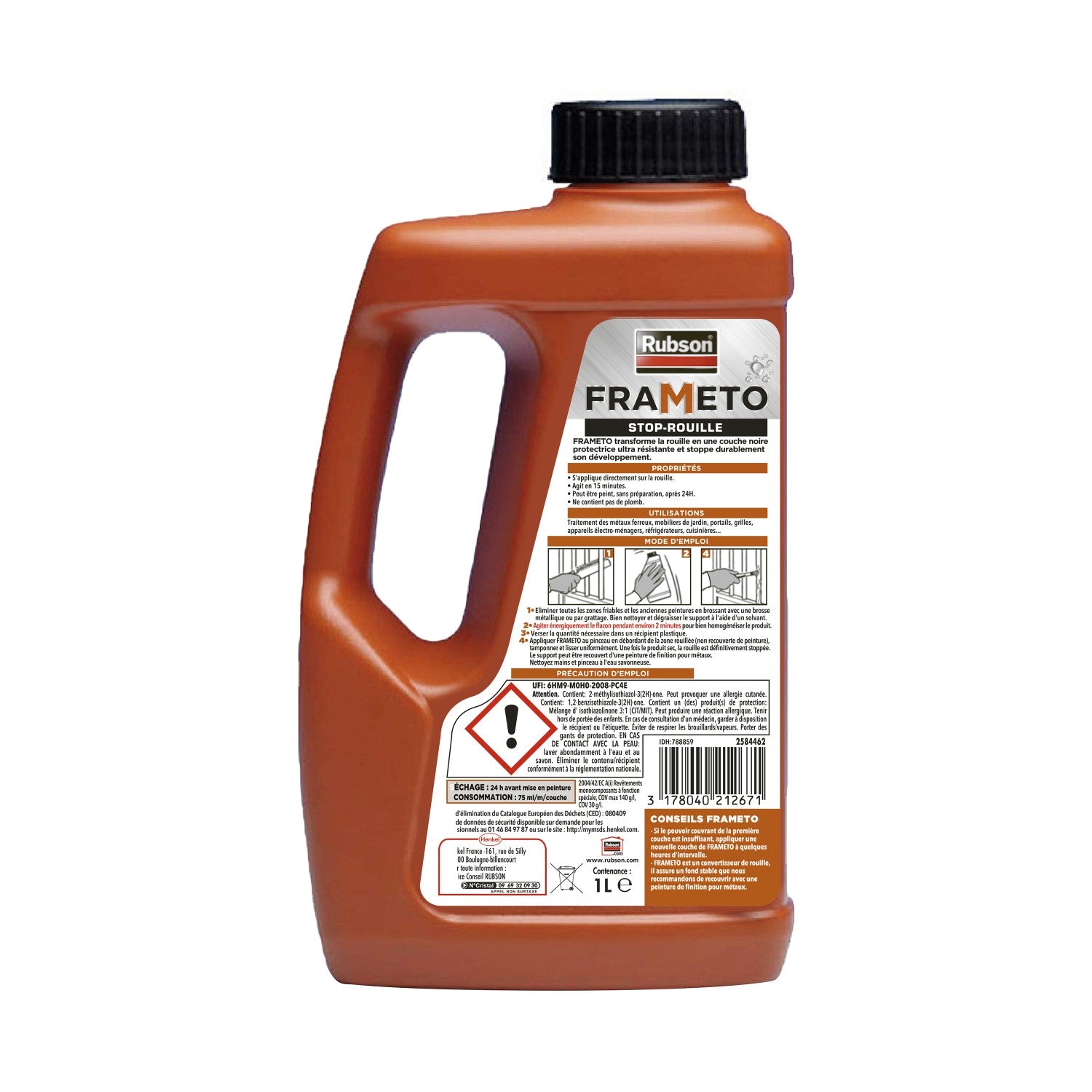Rubson | Frameto Stop-Rouille (bidon 1 L) – Traitement anti-rouille pour intérieur et extérieur – Convertisseur de rouille à effet immédiat, peut être peint