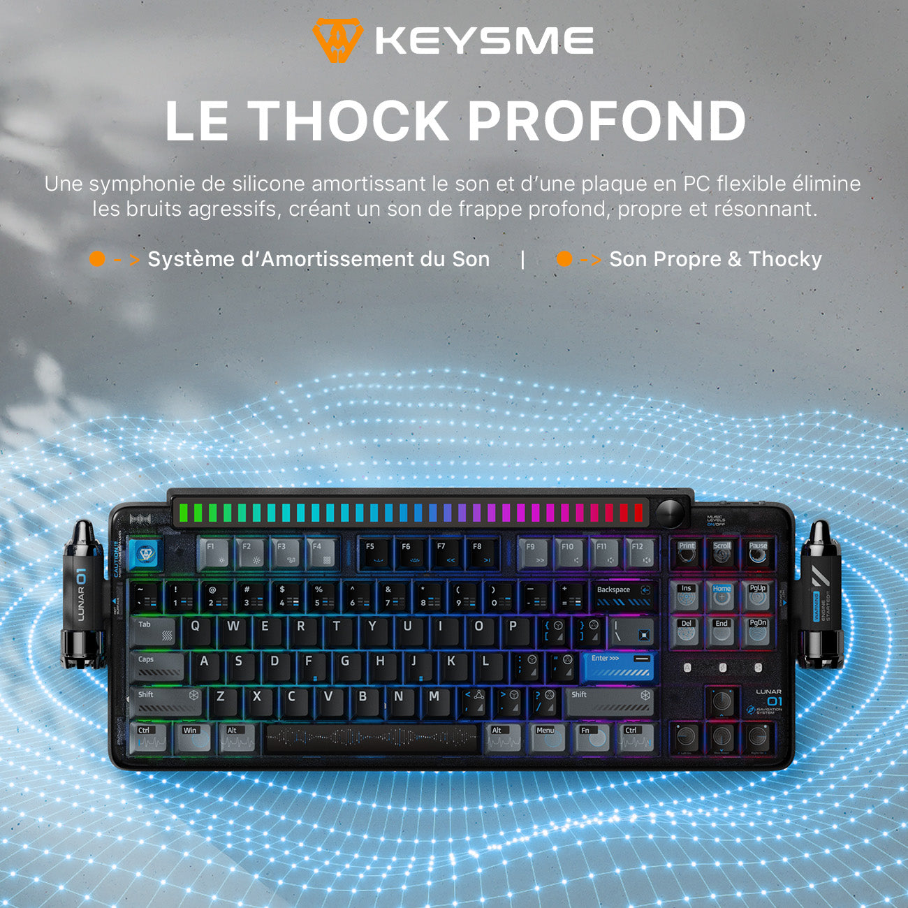 KEYSME Lunar 01 Clavier mécanique 80 % tri-mode, disposition QWERTY US, clavier à montage sur joint avec éclairage rythmé, commutateurs remplaçables à chaud, molette programmable