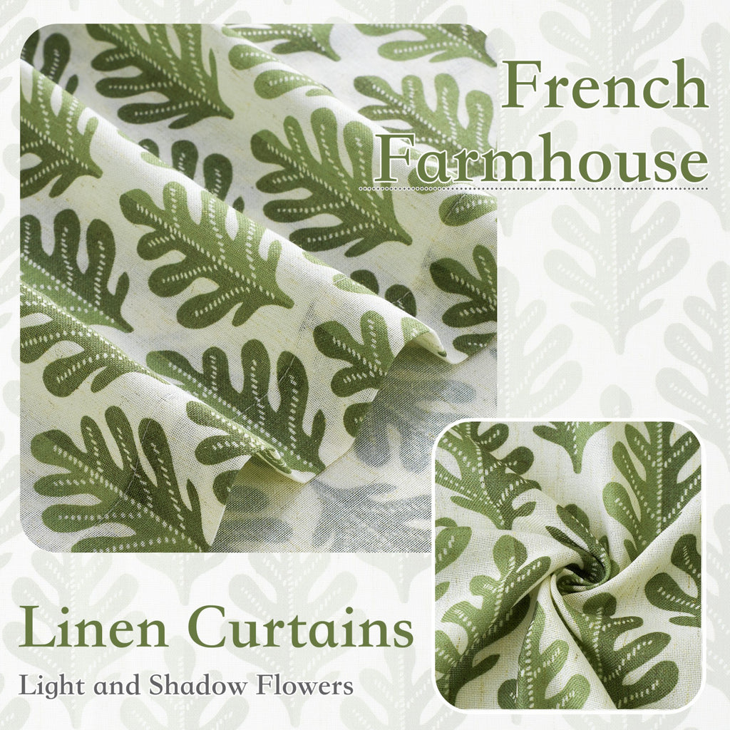 PONY DANCE Rideaux en Lin Semi-Transparents à Motif de Feuilles Style Campagne avec Pattes au Dos pour Salon, 2 Panneaux, L132 x H220 cm, Vert