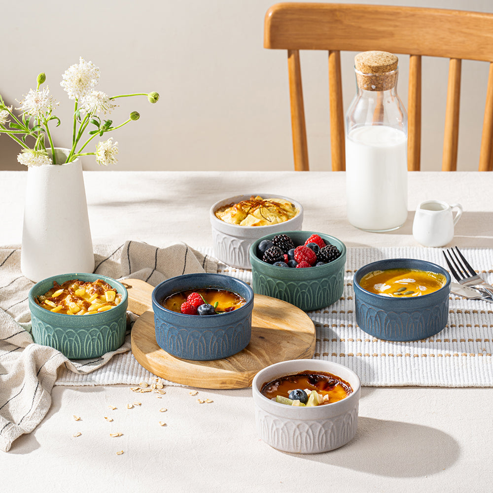 DAFUCERAMIC Ramequins 8 Oz Résistants au Four, Coupelles en Céramique pour Crème Brûlée et Soufflé, Pots de Crème et Flan, Petits Bols à Sauce, Lot de 6, Compatibles Micro-ondes et Lave-vaisselle (Coloris Neutres Assortis)