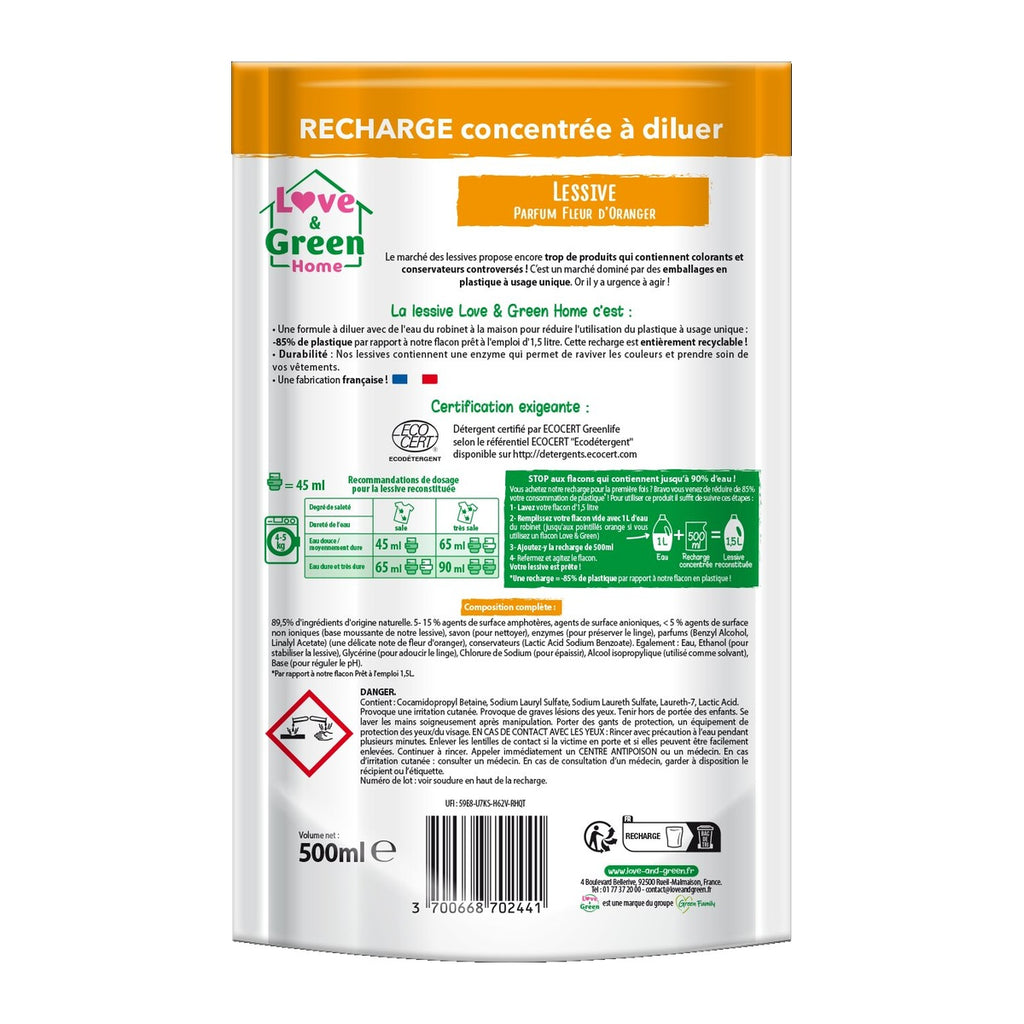 Love&Green Home Recharge concentrée à diluer de lessive parfumée Fleur d'Oranger - 500 ml