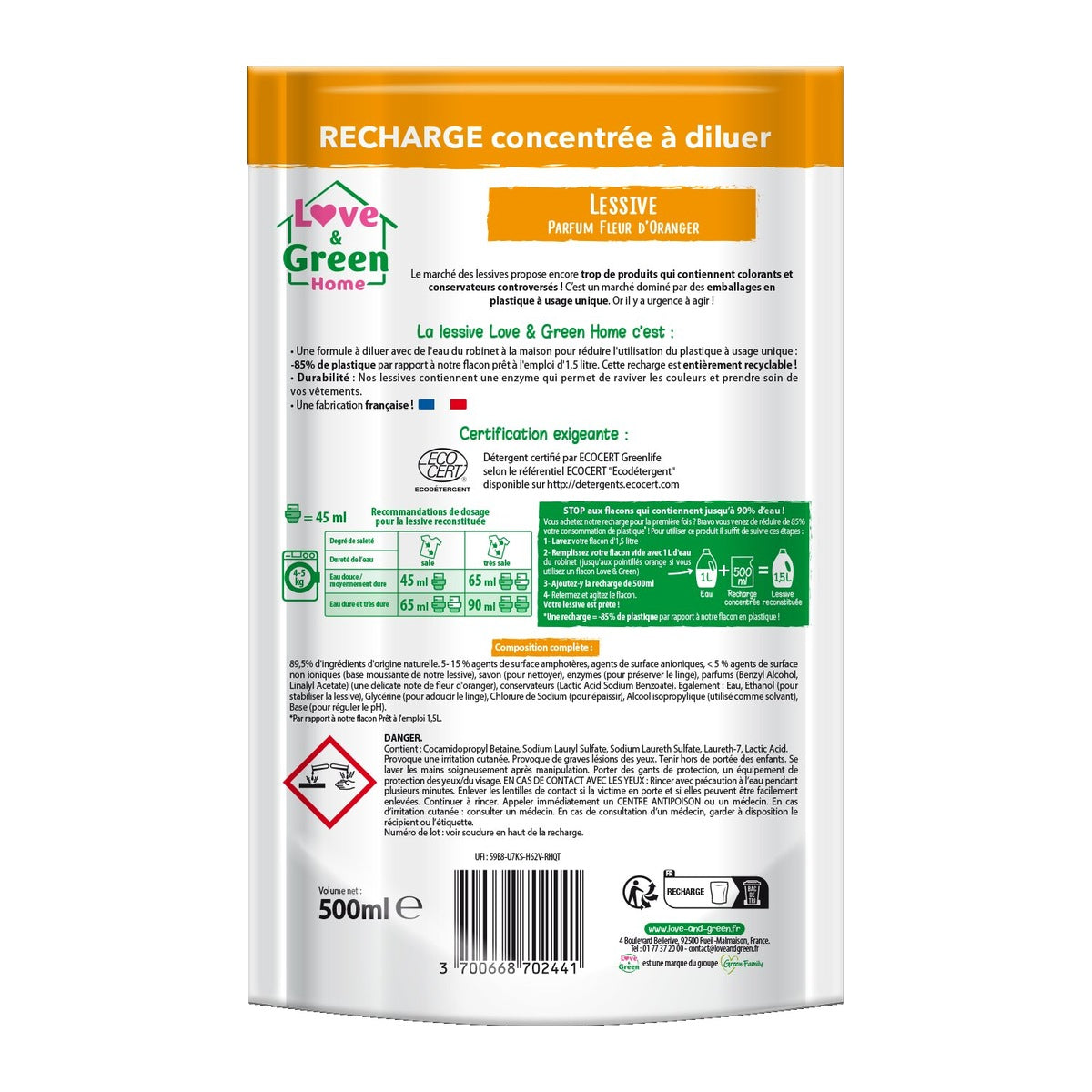 Love&Green Home Recharge concentrée à diluer de lessive parfumée Fleur d'Oranger - 500 ml