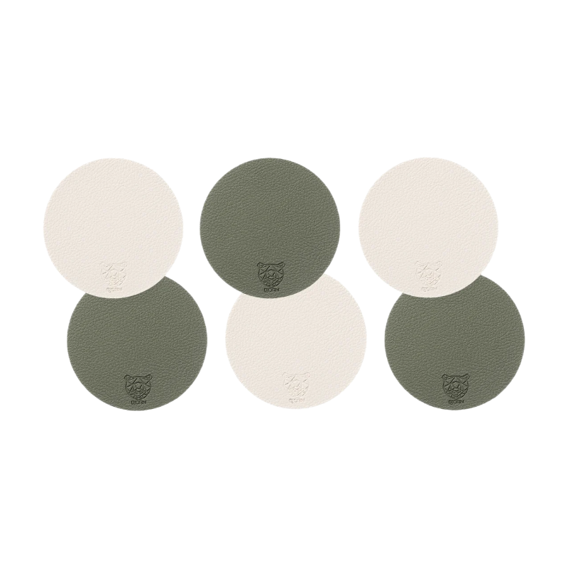 BJÖRN Lot de 6 sous-verres ronds réversibles en cuir recyclé - Blanc crème et vert-gris