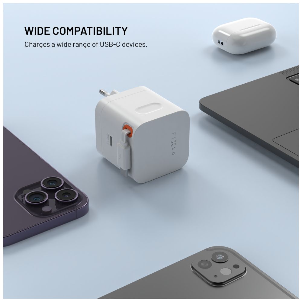 FIXED Chargeur de voyage GaN 65W avec câble rétractable, double USB-C, Charge Rapide PD 3.0, Blanc