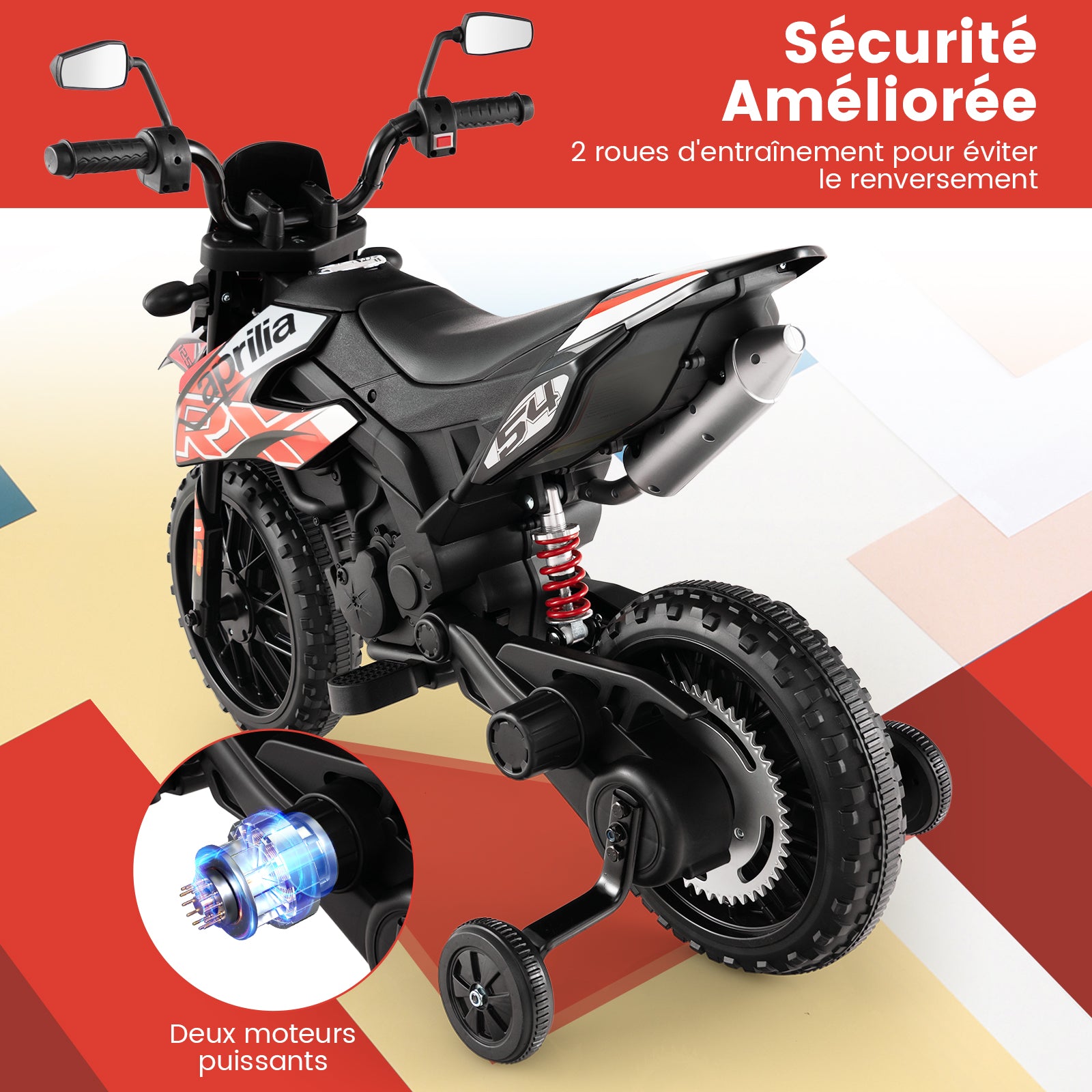 Moto électrique pour enfants 12 V avec roues d'apprentissage, modèle sous licence Aprilia, rouge