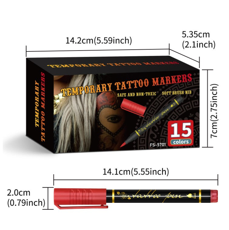 Set de 15 feutres imperméables de tatouage temporaire et 12 pochoirs de tatouage
