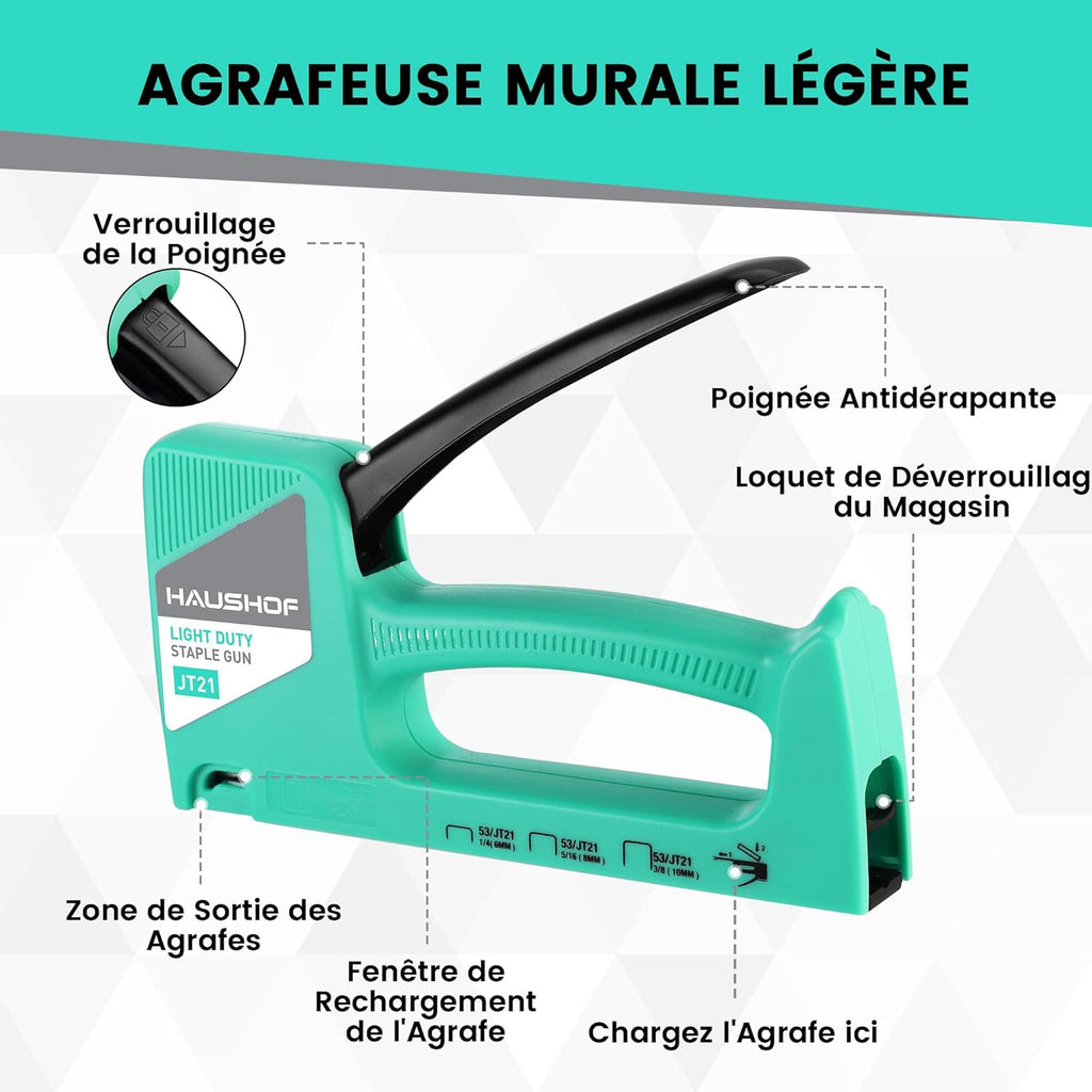 HAUSHOF Pistolet agrafeur manuel vert, Agrafeuse pour tapisserie et bois pour agrafes type 53, avec 800 agrafes de 8 mm et extracteur d’agrafes pour bois, tissu, meubles