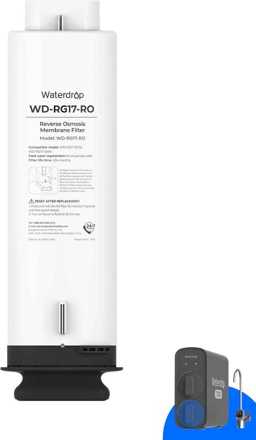 Cartouche de Filtre de Remplacement Waterdrop WD-G5P700A-CF pour Système d’Osmose Inverse Sous Évier WD-G5P700A – Durée de Vie 6 Mois