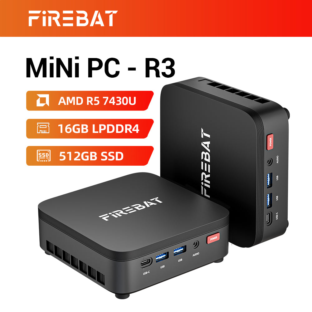 FIREBAT R3 Mini PC : AMD Ryzen 5 7430U (6 cœurs/12 threads), 16 GB RAM LPDDR4, 512 GB SSD, prend en charge l'affichage triple écran 4K, Wi-Fi 6, Bluetooth 5.2
