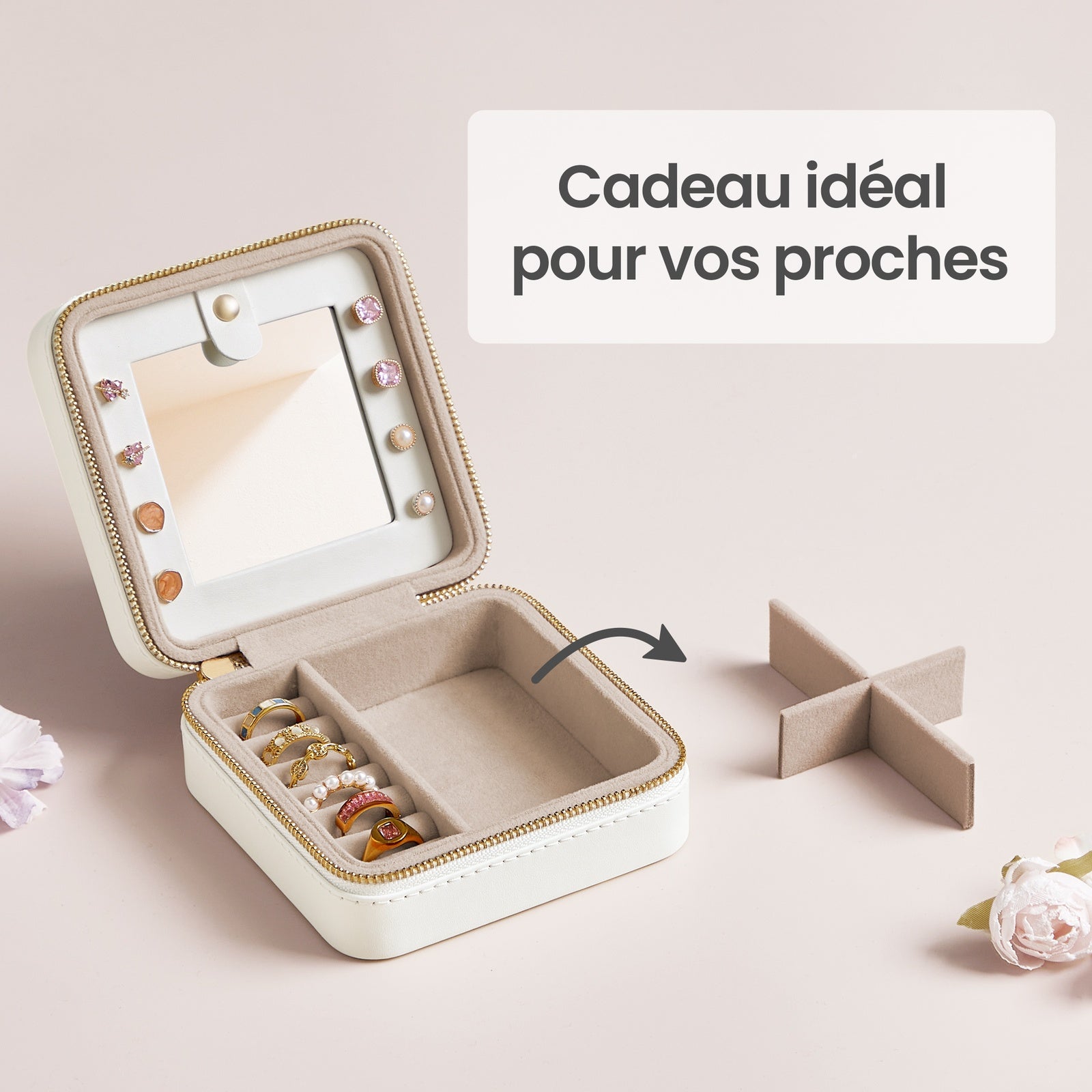 JOYFURNOS Coffret à Bijoux Compact, Rangement Portable avec Miroir, Fermeture Éclair, PU, Blanc
