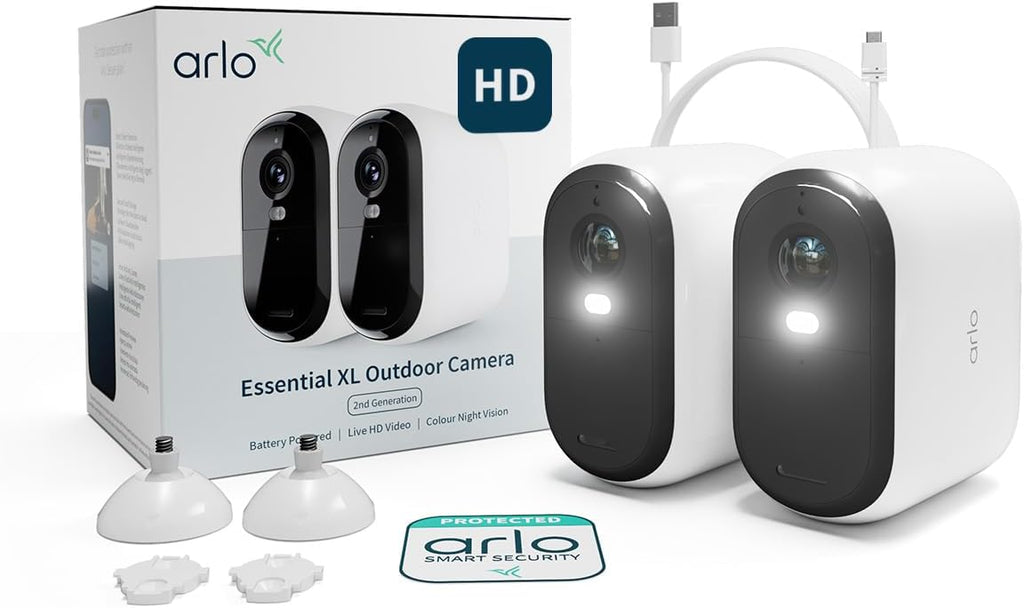 ARLO Pack Maison Protégée : Caméras d'extérieur HD Arlo Essential2 XL, pack de 2 + sonnette vidéo sans fil Arlo Essential HD, blanc