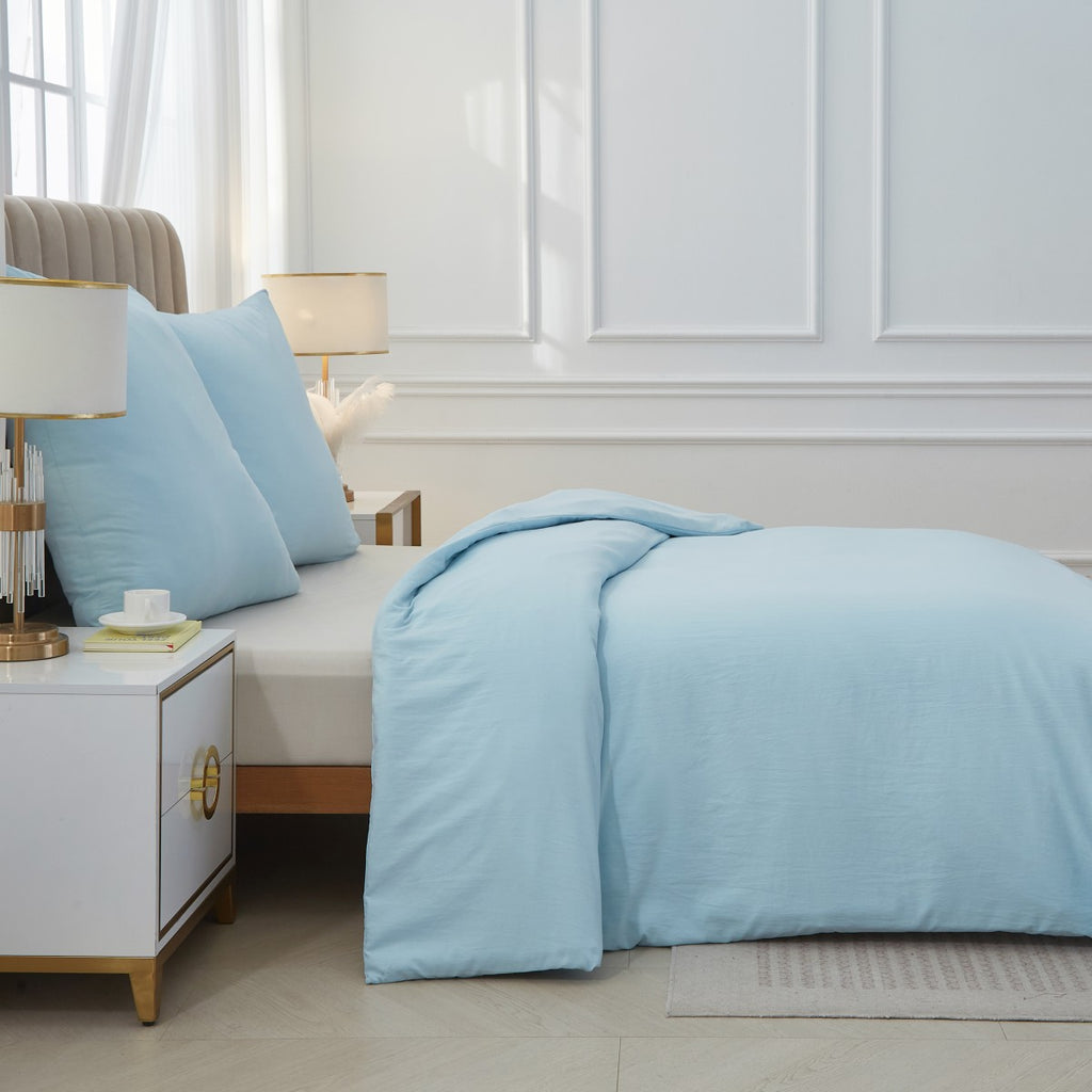 Meeallhome Parure de housse de couette lavée brossée 155 x 220 cm/80 x 80 cm x 2 Bleu lac