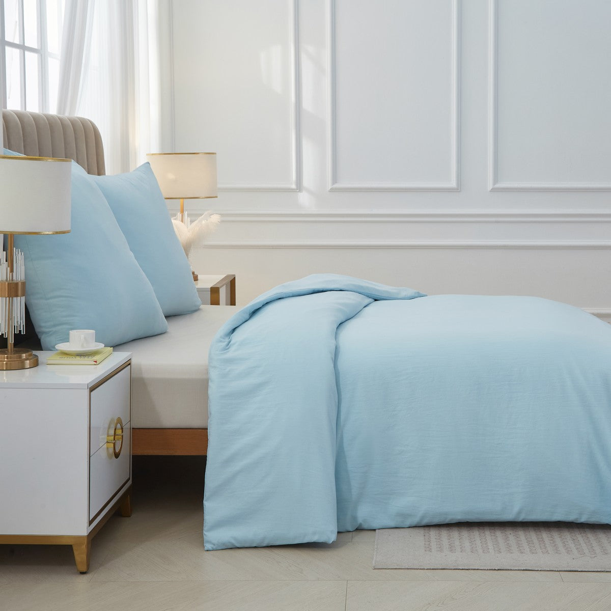 Meeallhome Parure de housse de couette lavée brossée 155 x 220 cm/80 x 80 cm x 2 Bleu lac