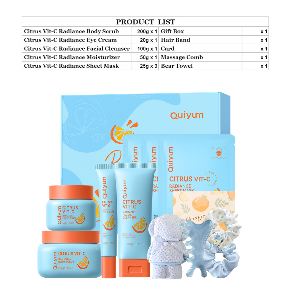 Quiyum Coffret de soins vitamine C agrumes 11 pièces Nettoyant visage 100 g Crème contour des yeux 20 g Crème visage 50 g Gommage corps 200 g Masque visage 25 g × 3 Avec élastiques