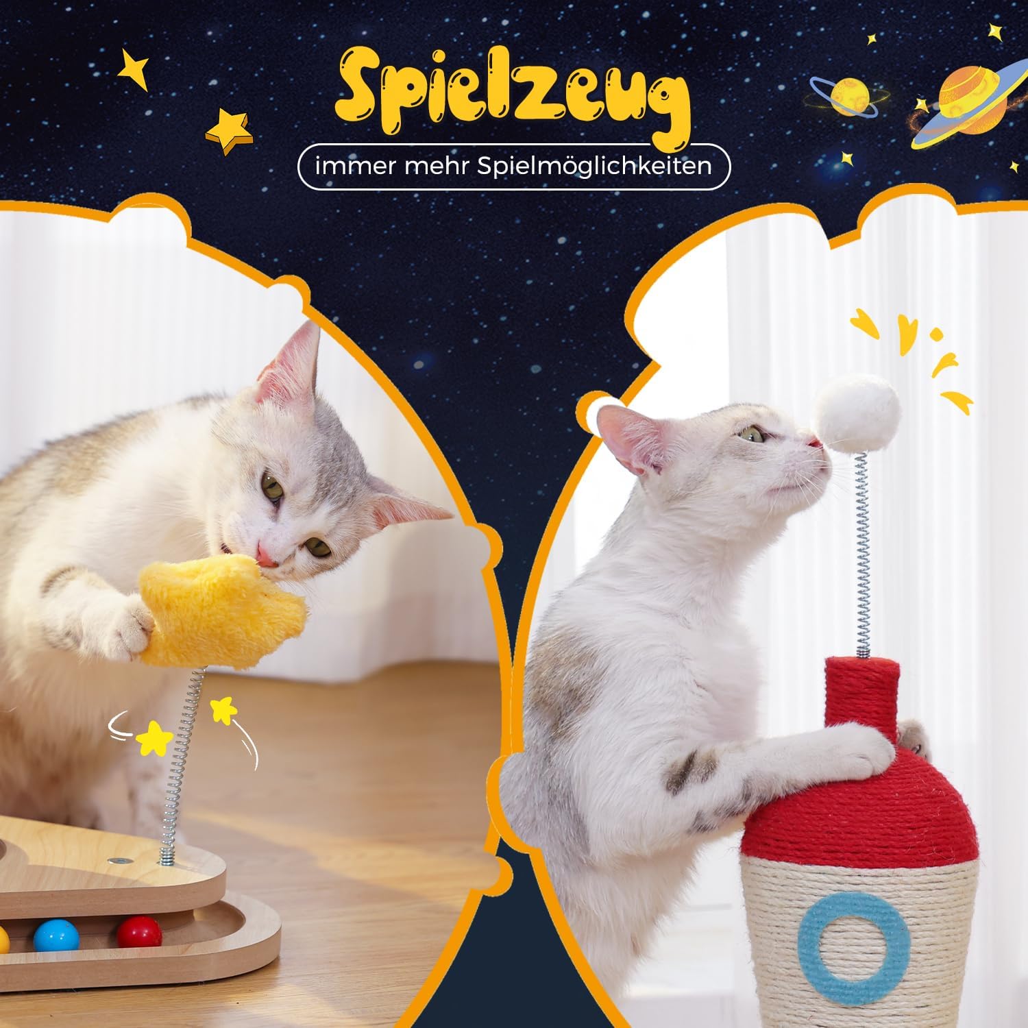PAWZ Road Jouet interactif pour chat avec griffoir en forme de fusée, griffoir en sisal & piste de balle avec volant en bois massif 63 cm, multifonctionnel, favorise l'entretien des griffes & la protection des meubles