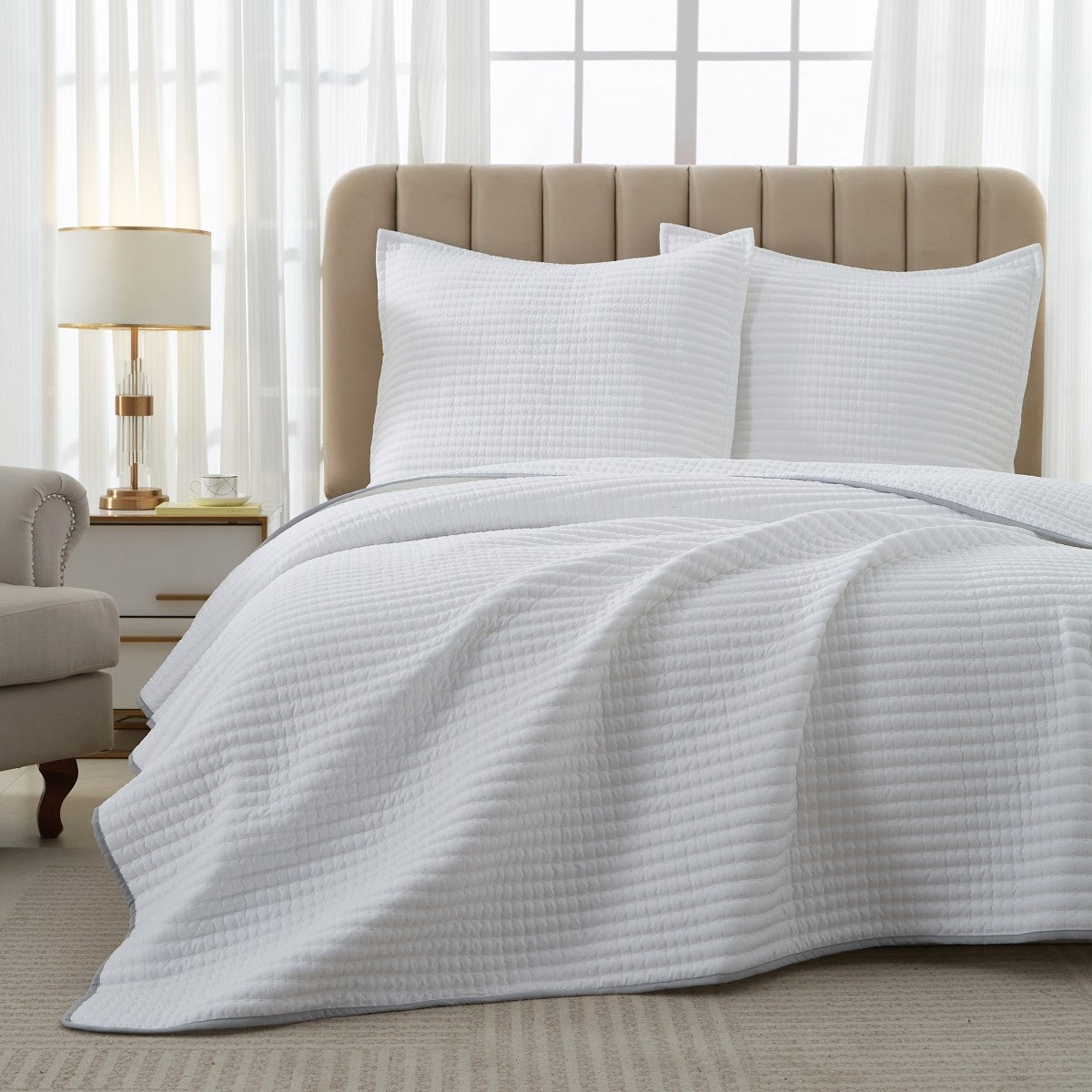 MEEALLHOME Couvre-lit matelassé blanc - 260 x 240 cm + 2 taies 65 x 65 cm