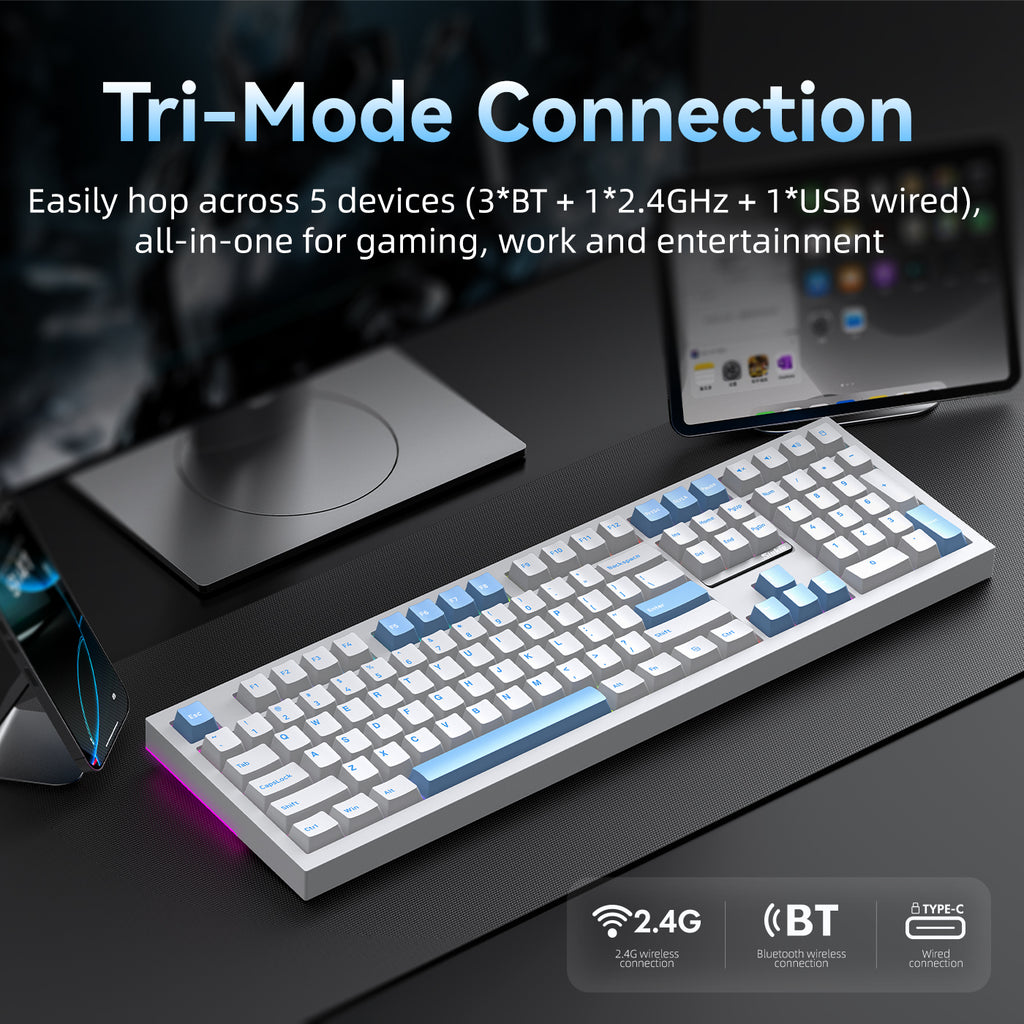 Siukie PL108W Clavier mécanique 108 touches, interrupteur détachable, 3 modes RGB, blanc