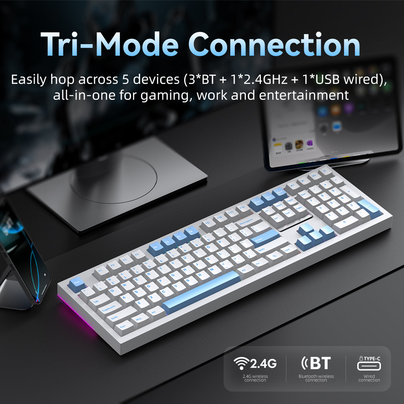 Siukie PL108W Clavier mécanique 108 touches, interrupteur détachable, 3 modes RGB, blanc