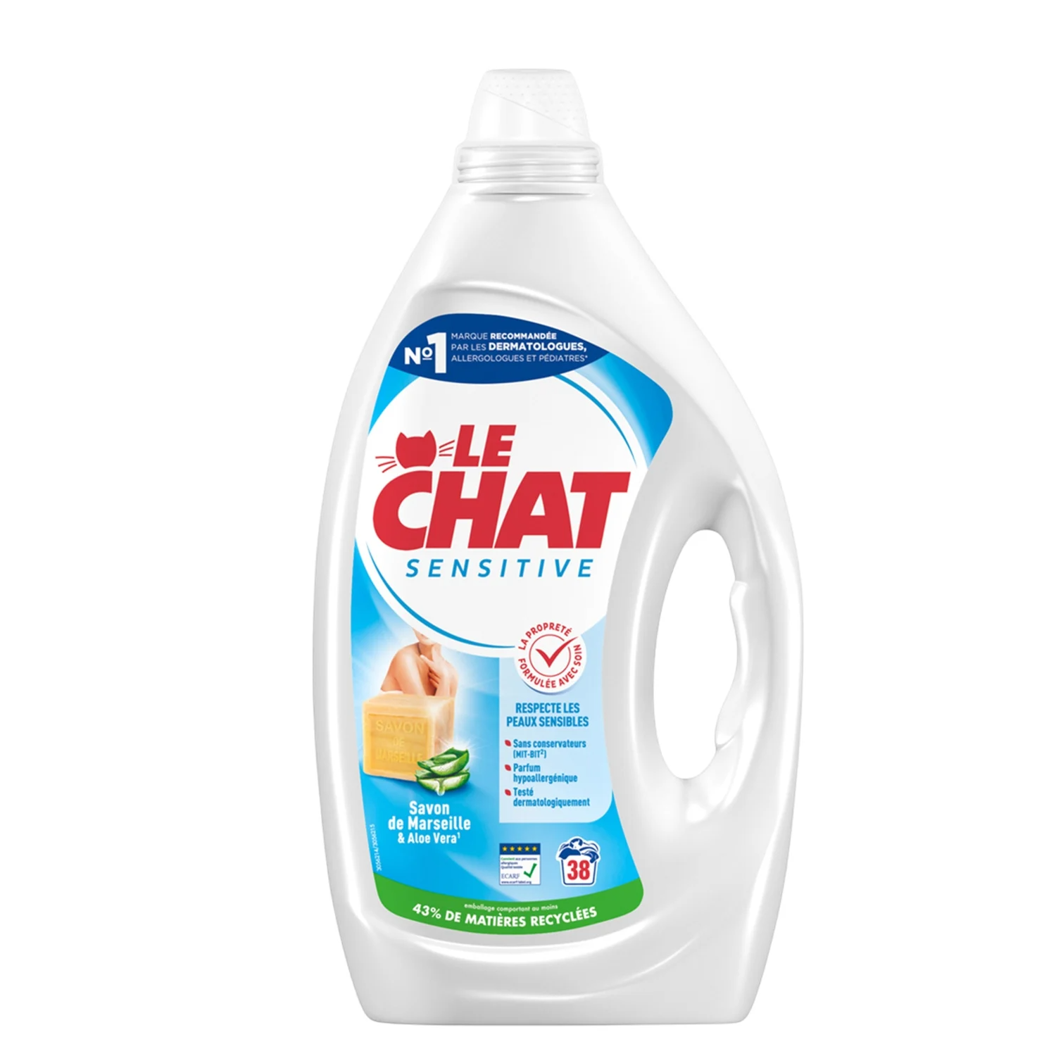 Le Chat Lessive liquide pour linge sensible, Savon de Marseille & Aloe vera, Peaux sensibles, 38 lavages, 1,71 L