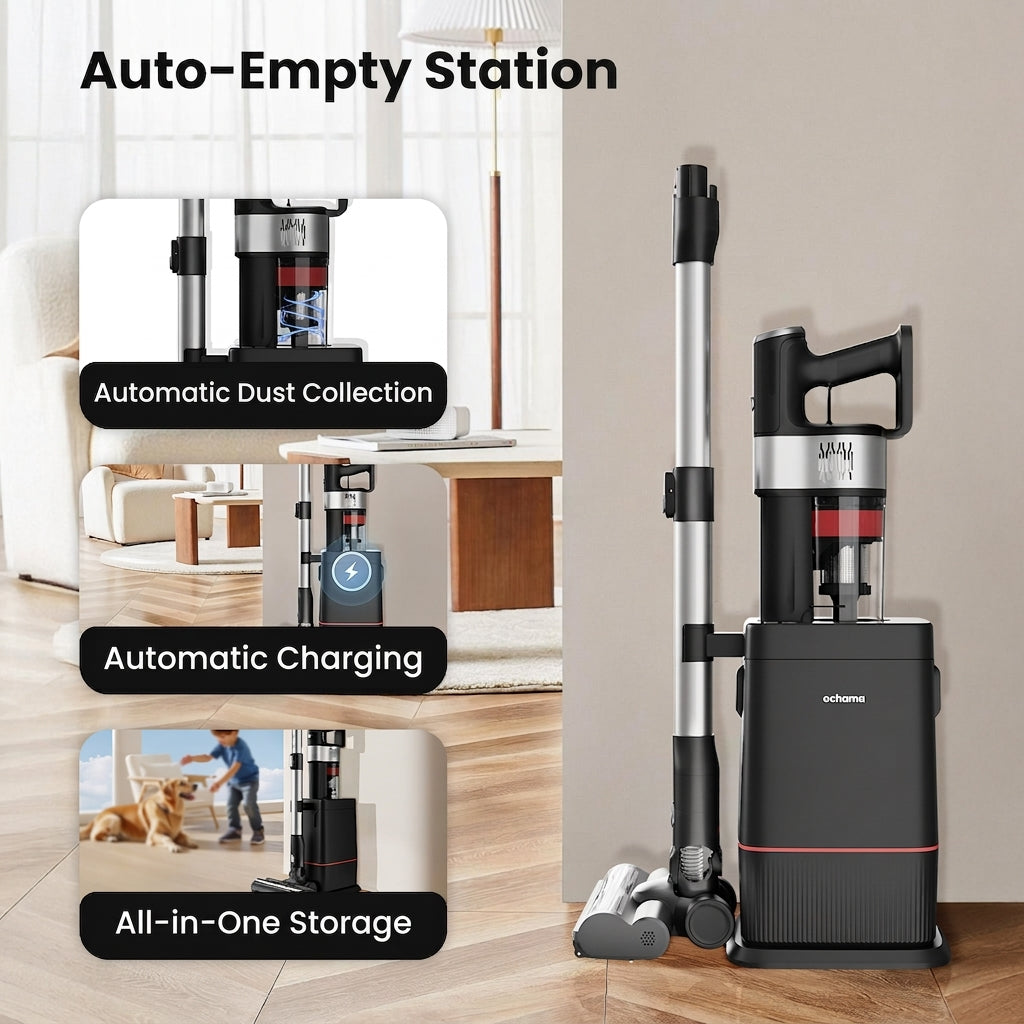 ochama Aspirateur Balai sans Fil, 350 W, Aspiration Puissante 28 kPa, Station d’Auto-Nettoyage, 35 min d’Autonomie, Inclinaison à 180°, Éclairage LED Vert, Filtration à 5 Couches, pour Poils d’Animaux, Tapis et Sols Durs