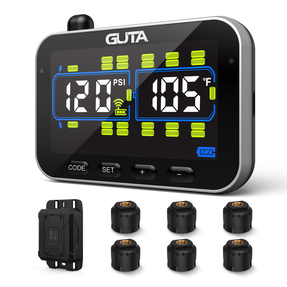 GUTA Système de surveillance de la pression des pneus pour camping-car/remorque avec 6 capteurs, surveillance en temps réel de 0 à 188 PSI, 6 alarmes, écran couleur LCD, répéteur