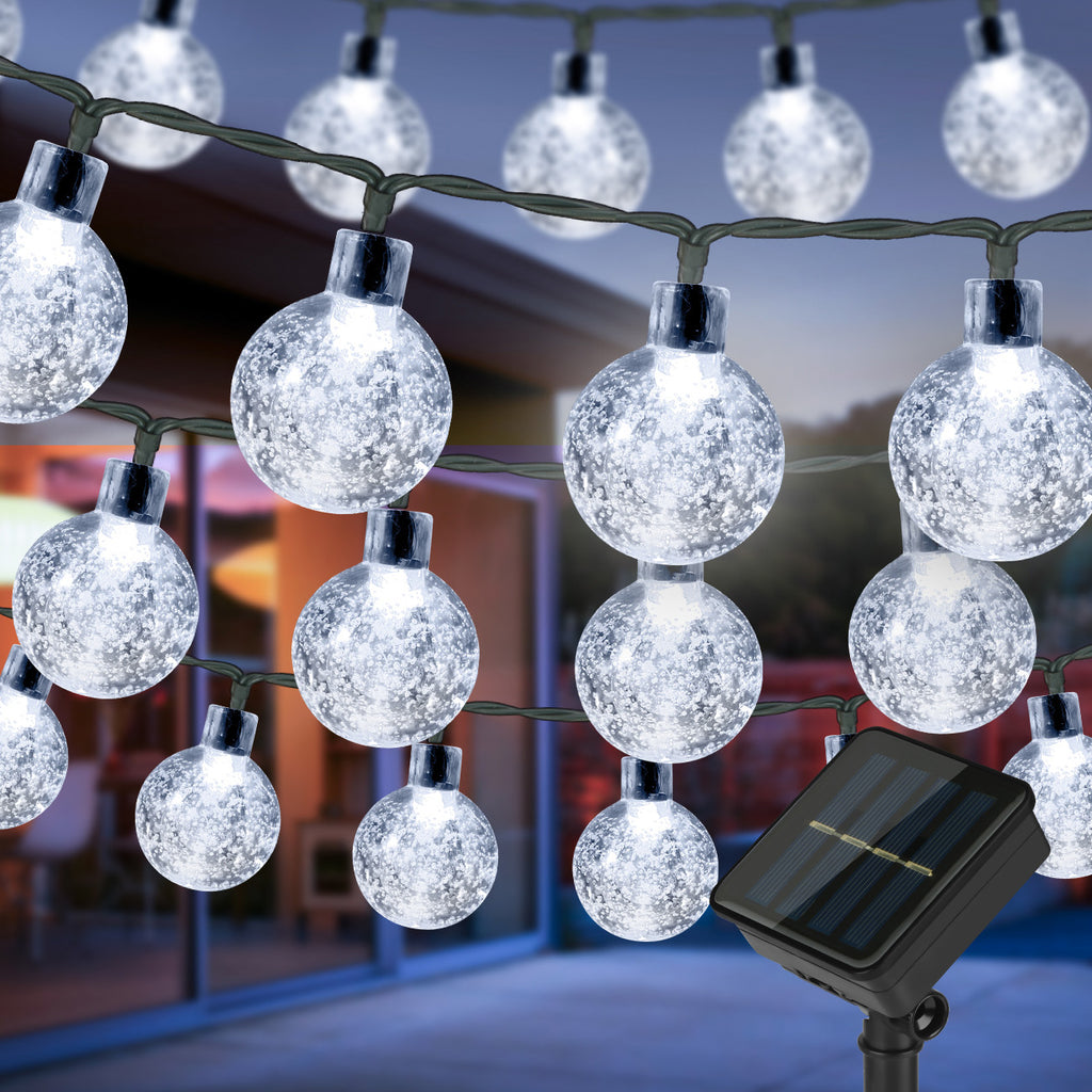 VIVREAL Guirlande lumineuse solaire à boules bulles, 5 m, 30 LED blanc froid, globes cristal, extérieur étanche, modèle PVC-006-01, promotion Nouvel An, meilleures idées cadeaux