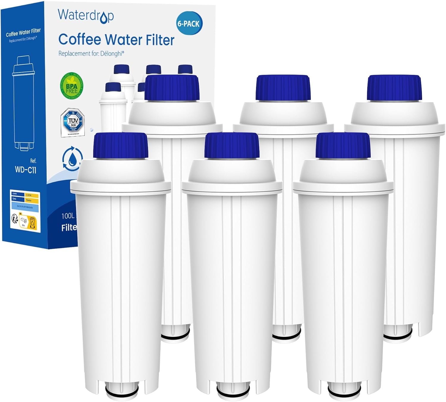 Filtre à Eau Waterdrop, Compatible avec Machine à Café DeLonghi ECAM, Eletta, Dinamica, DLSC002, Magnifica, ETAM Autentica et Divers Modèles Esam (Lot de 6 pièces)