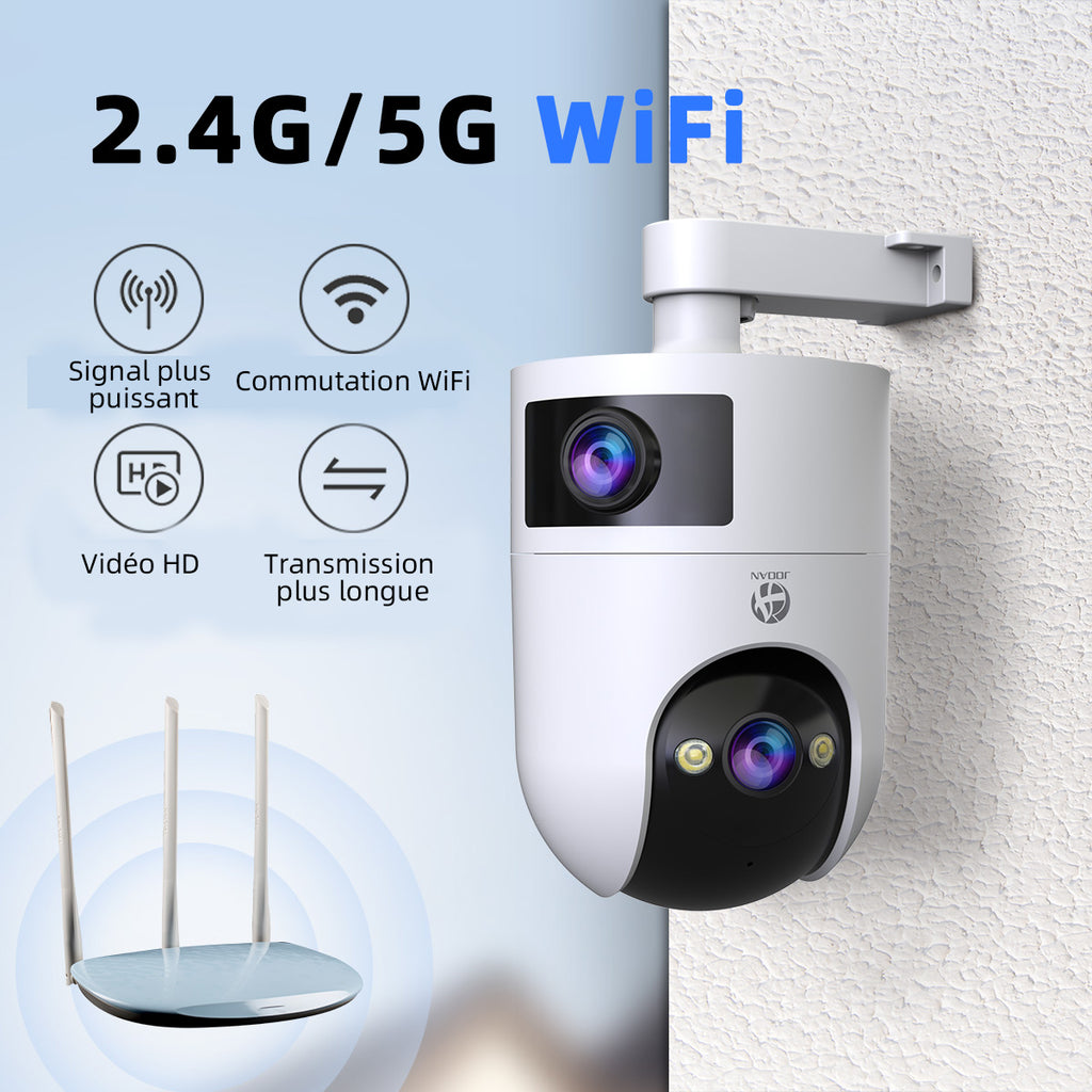 JOOAN W8-U X Caméra de sécurité intérieure/extérieure à double objectif, Wi-Fi double bande 2,4 GHz/5 GHz, vue 360°, IP66, vision nocturne couleur, enregistrement 24 h/24 et 7 j/7, suivi automatique, audio bidirectionnel, stockage en nuage/sur carte,