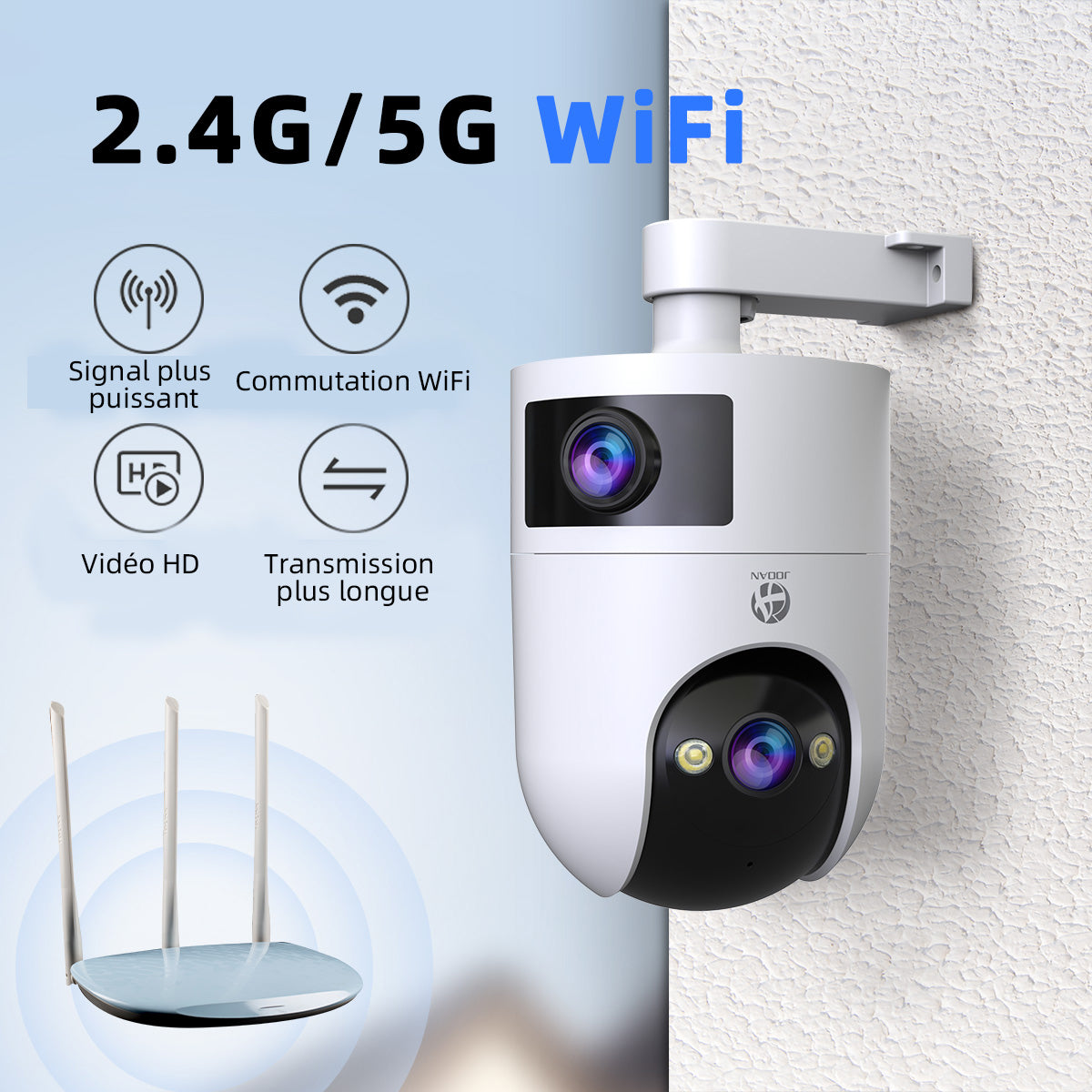 JOOAN W8-U X Caméra de sécurité intérieure/extérieure à double objectif, Wi-Fi double bande 2,4 GHz/5 GHz, vue 360°, IP66, vision nocturne couleur, enregistrement 24 h/24 et 7 j/7, suivi automatique, audio bidirectionnel, stockage en nuage/sur carte,