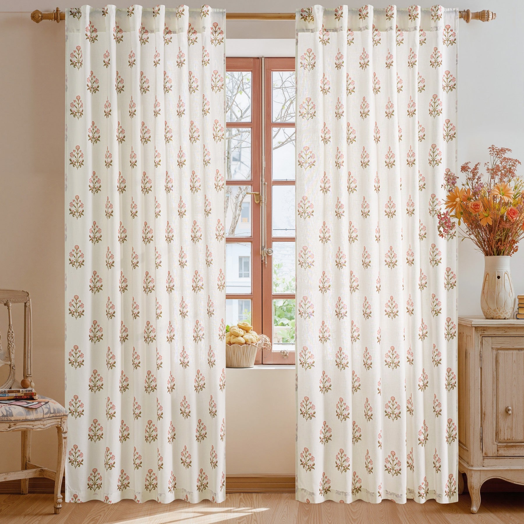 PONY DANCE Rideaux floraux à œillets arrière et poche pour tringle, rideaux de fenêtre imprimé botanique style maison de campagne pour salon chambre, 2 panneaux, l 132 x L 245 cm, rose mandarine