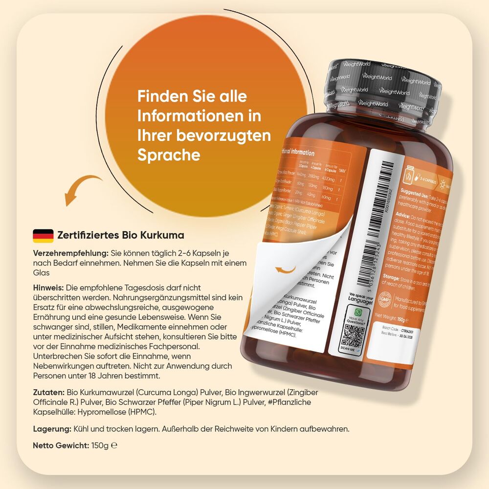 WeightWorld Curcuma biologique avec poivre noir et gingembre 1520 mg 180 gélules