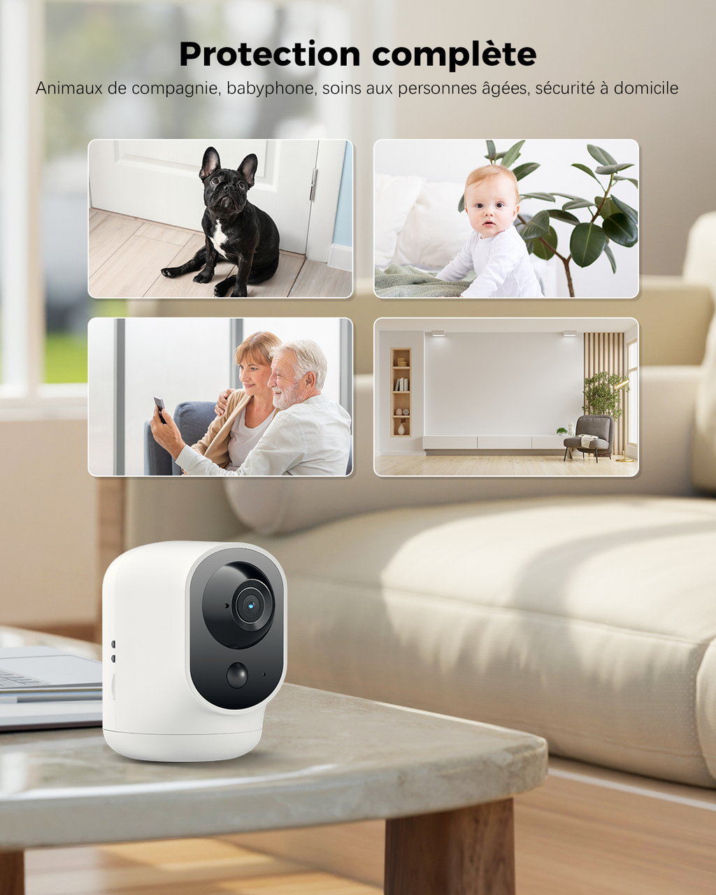 COCOCAM Caméra de sécurité intérieure 2K Wi-Fi panoramique et inclinable avec batterie 5200 mAh sans fil, reconnaissance IA, détection humaine PIR, compatible Alexa, 2,4 GHz