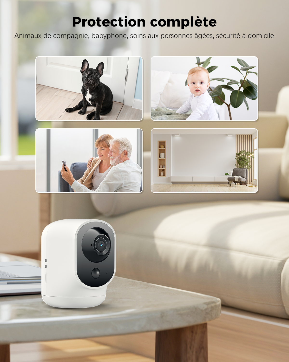 COCOCAM Caméra de sécurité intérieure 2K Wi-Fi panoramique et inclinable avec batterie 5200 mAh sans fil, reconnaissance IA, détection humaine PIR, compatible Alexa, 2,4 GHz