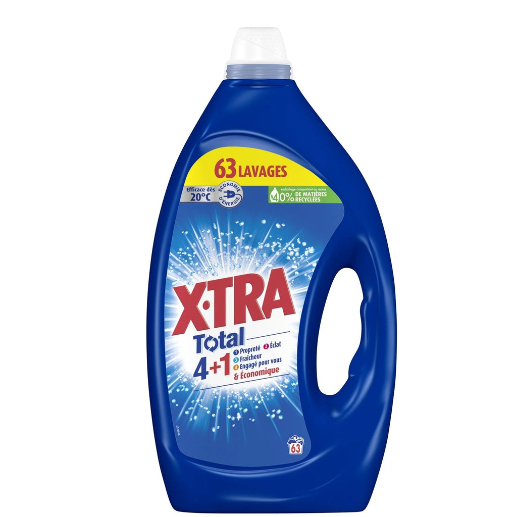 X-TRA Total Lessive Liquide 4 en 1, Tous Textiles, Lavage à Froid, 63 Lavages, 2,835 L