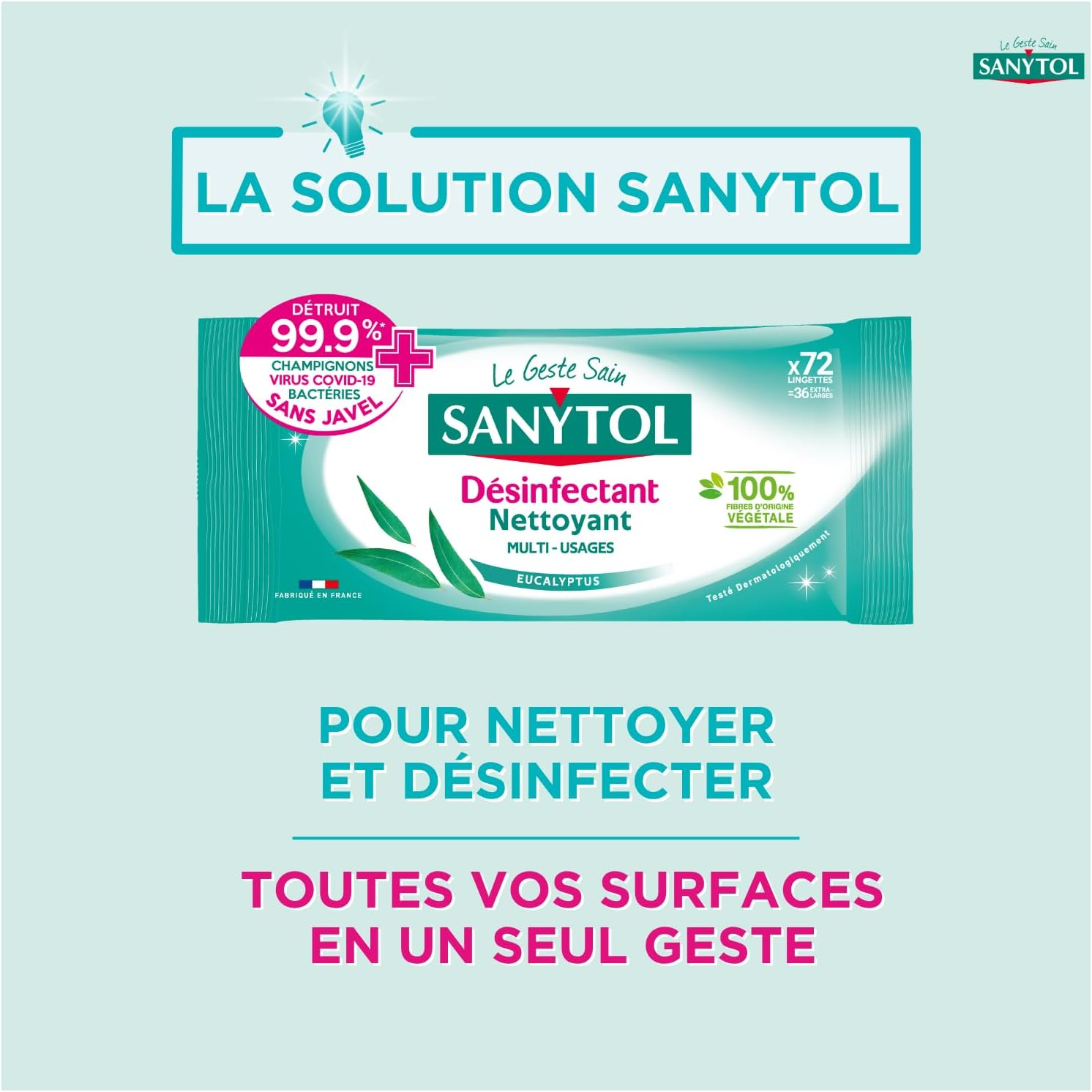 Sanytol Lingettes Nettoyantes Désinfectantes Multiusages sans Javel Eucalyptus (Paquet de 72)