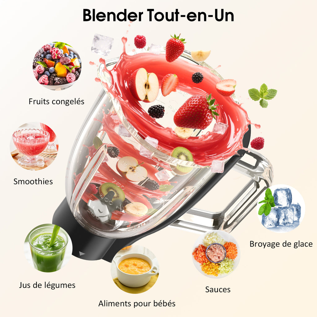 HONINST Robot pâtissier sur socle multifonction 7-en-1, Robot de cuisine à tête inclinable 8 vitesses 6,5 qt, Batteur électrique avec hachoir à viande, Mixeur à jus