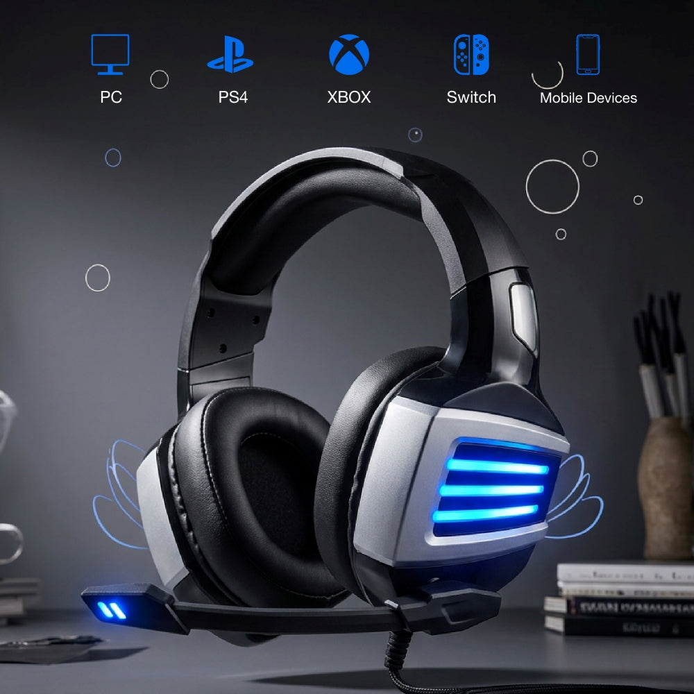 Siukie Casque gaming L200 Filaire USB + Jack 3,5 mm Lumière bleue
