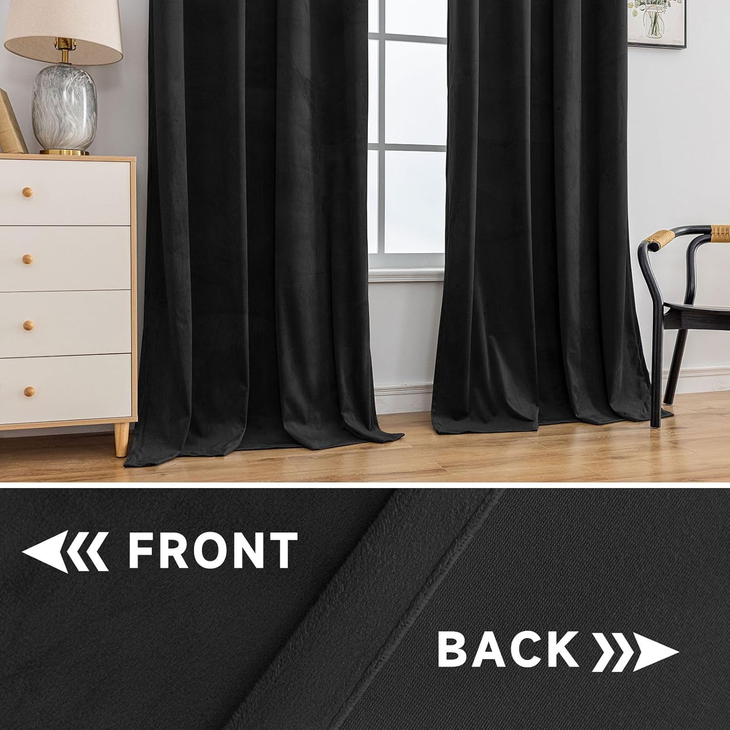 YSTYLE Rideaux occultants pour chambre et salon - Lot de 2 panneaux, rideaux thermiques isolants, 140 x 280 cm, SEHLR, Noir