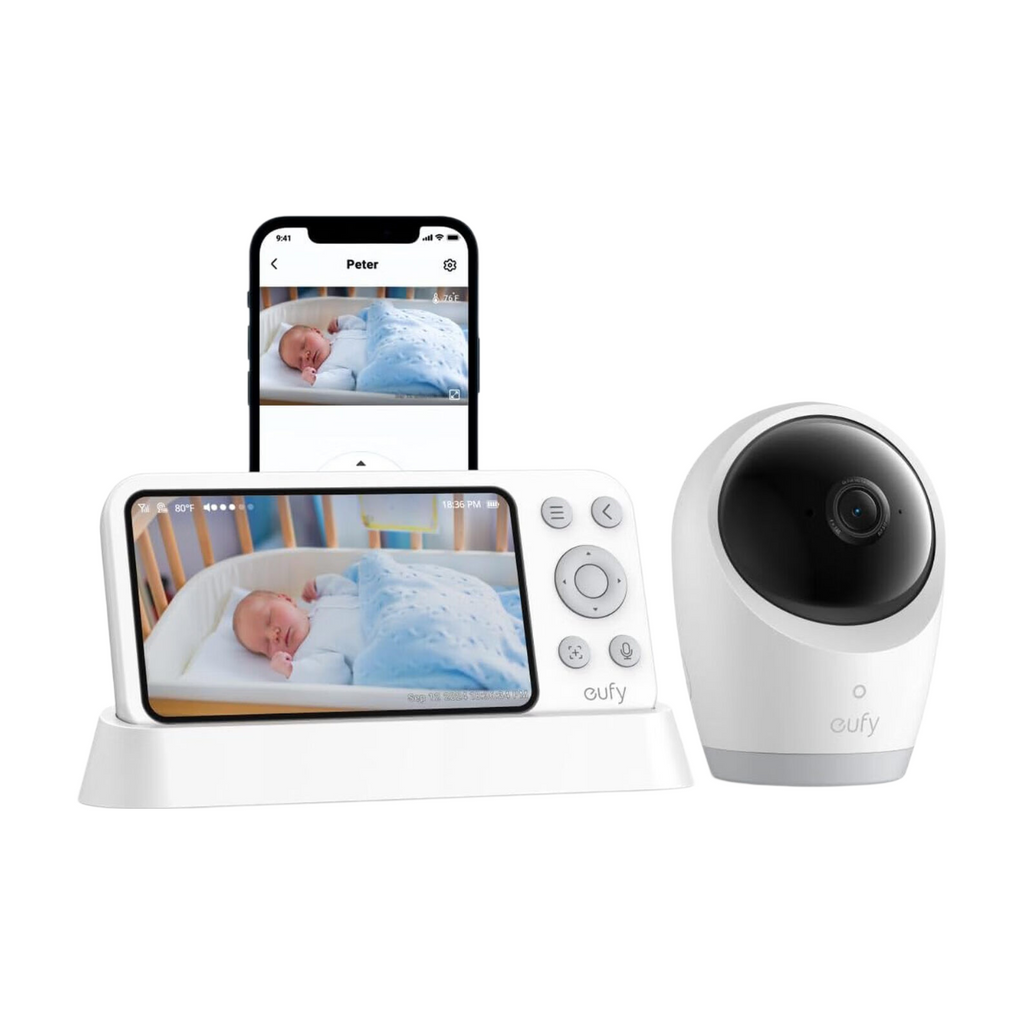 eufy Babyphone vidéo E21 avec caméra, 4K UHD, écran 5 pouces (720p), mode Wi‑Fi hybride, contrôle via application et appareil, fonction panoramique/inclinable, zoom 8x, caméra portable avec batterie