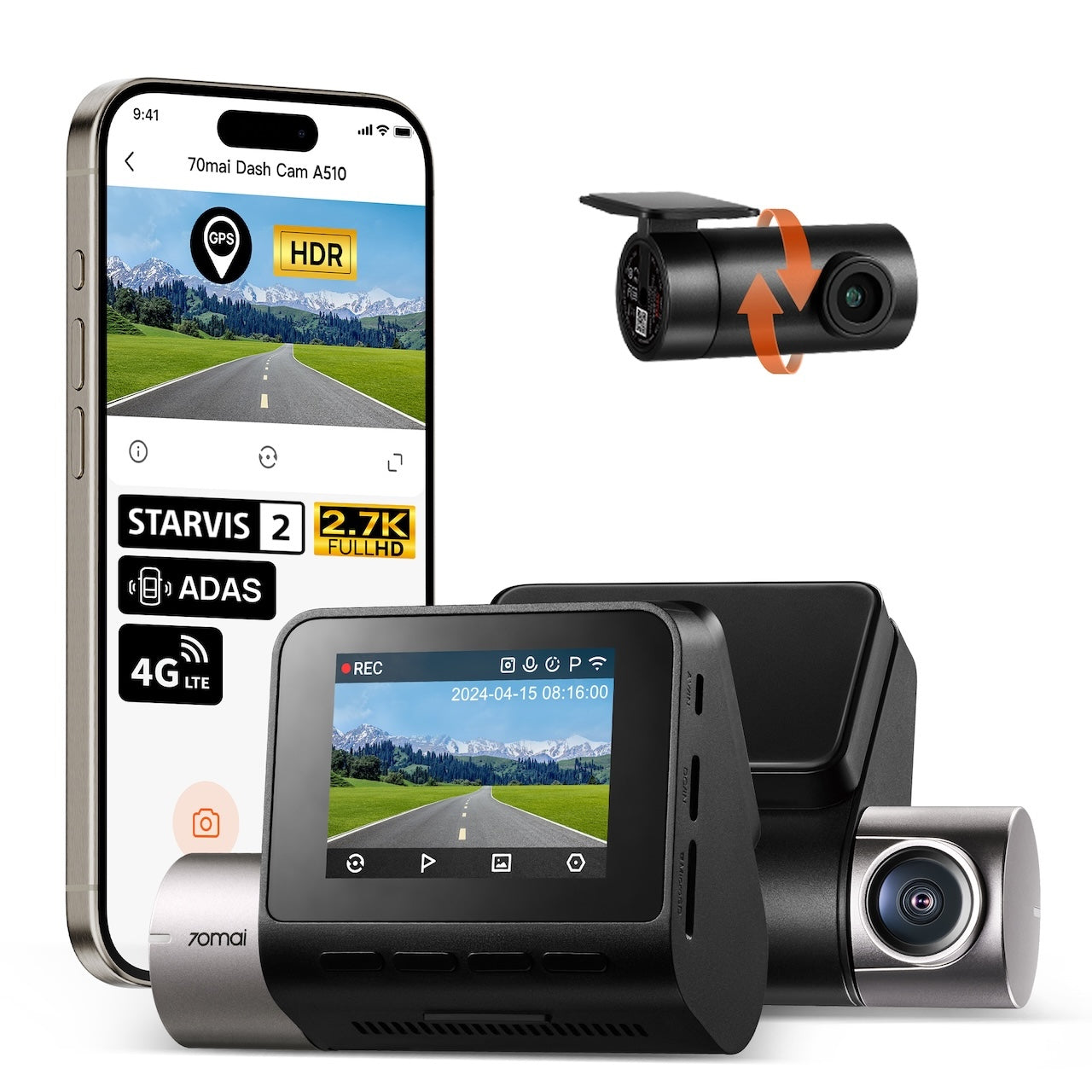 Caméra de voiture 70mai 2.7K Avant et Arrière A510-1, Dashcam Double 1944P+1080P avec Sony STARVIS 2, Vision Nocturne HDR, Caméra Intelligente avec GPS Intégré, 4G LTE, ADAS