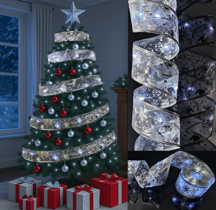 Ju7cer Guirlande lumineuse à rubans 5 m, 50 lumières, 2 paquets de piles , décoration de sapin de Noël, blanc argenté, atmosphère festive, convient pour l'intérieur et l'extérieur