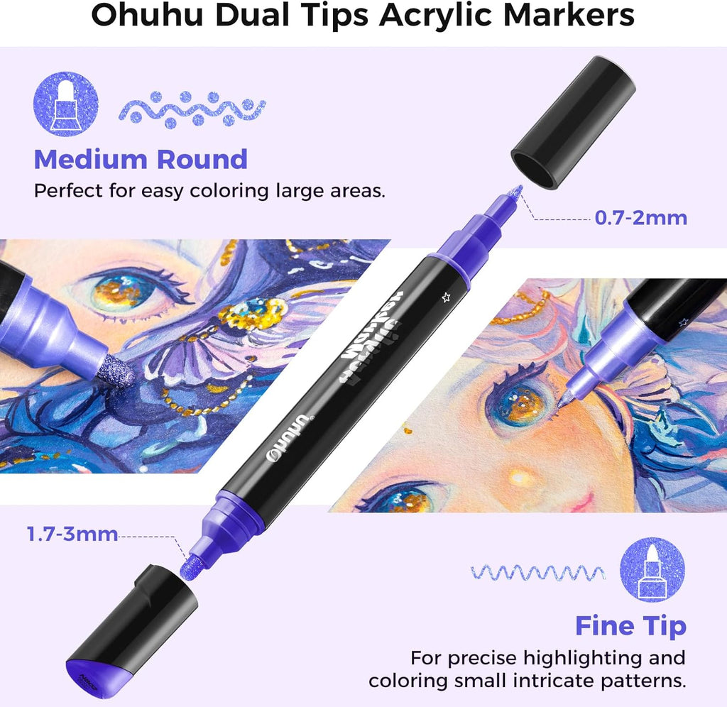 Ohuhu Stylos de peinture acrylique 30 couleurs : à double pointe (ronde et fine)